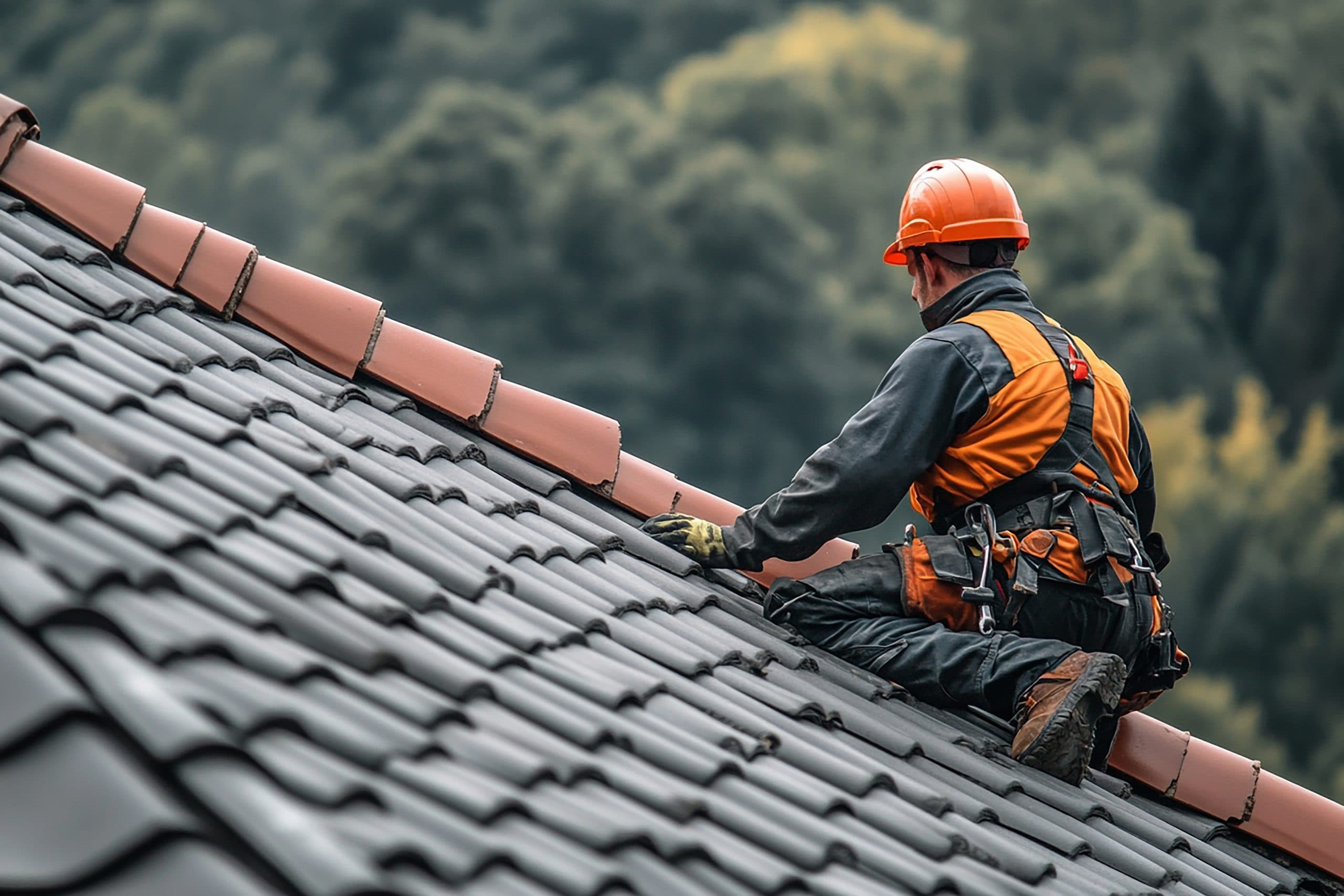 Roofing professional carefully installing roof tiles