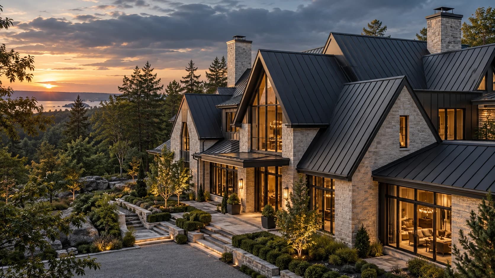 Architectural illustration of a contemporary residence with beautifully detailed standing seam roofs